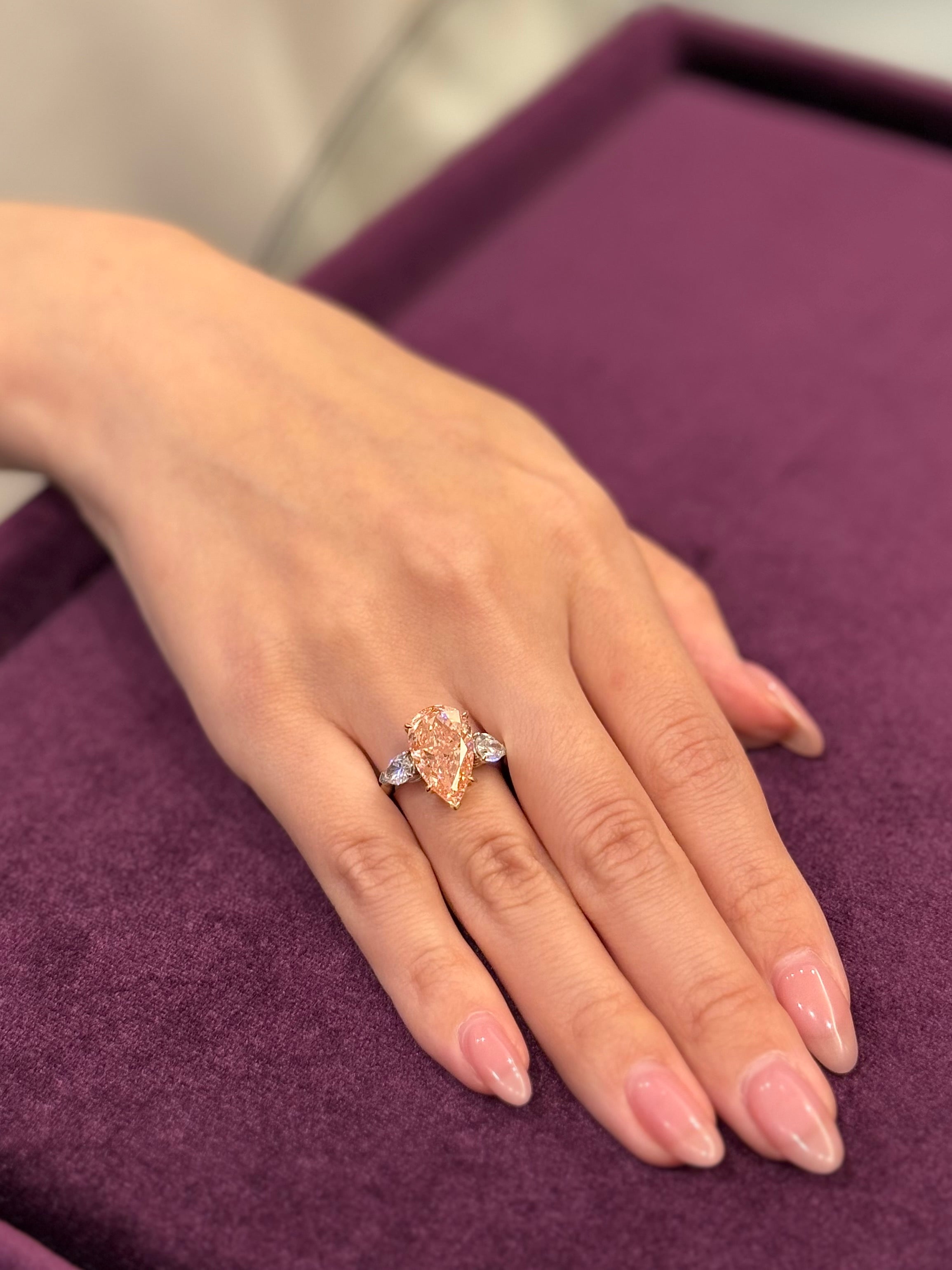 Pink Diamond Pearshape Ring(with Pear Side Stones)