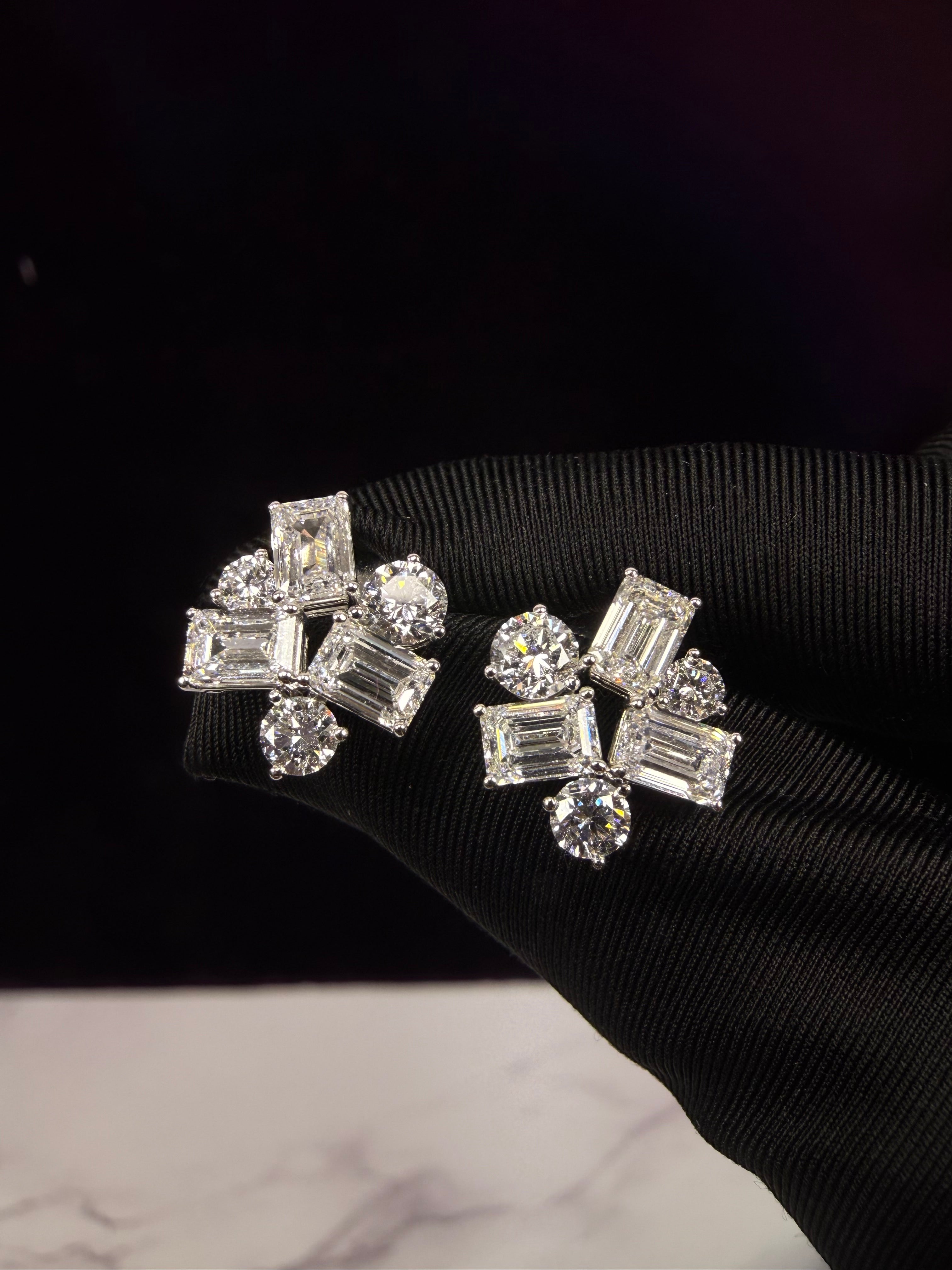 Round & Emerald Cut Cluster Earrings