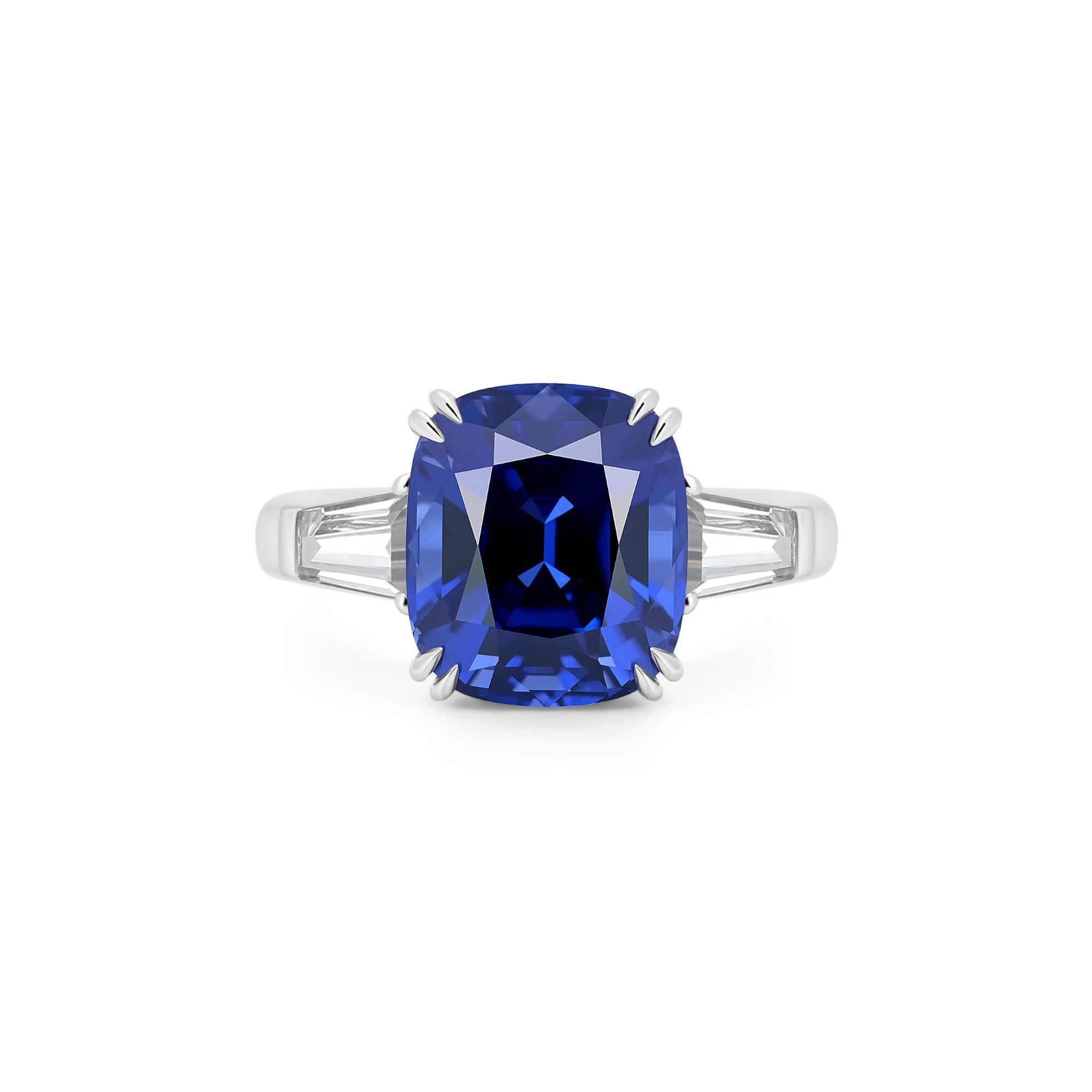 Cushion Sapphire Royal Blue Ring(with Tapered Baguette)