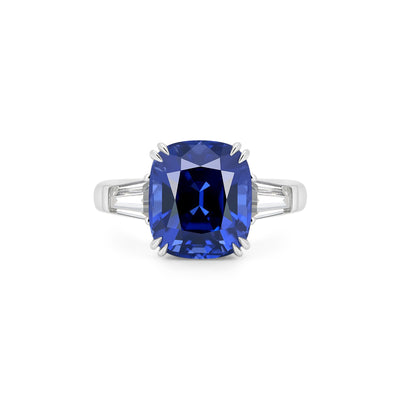 Cushion Sapphire Royal Blue Ring(with Tapered Baguette)