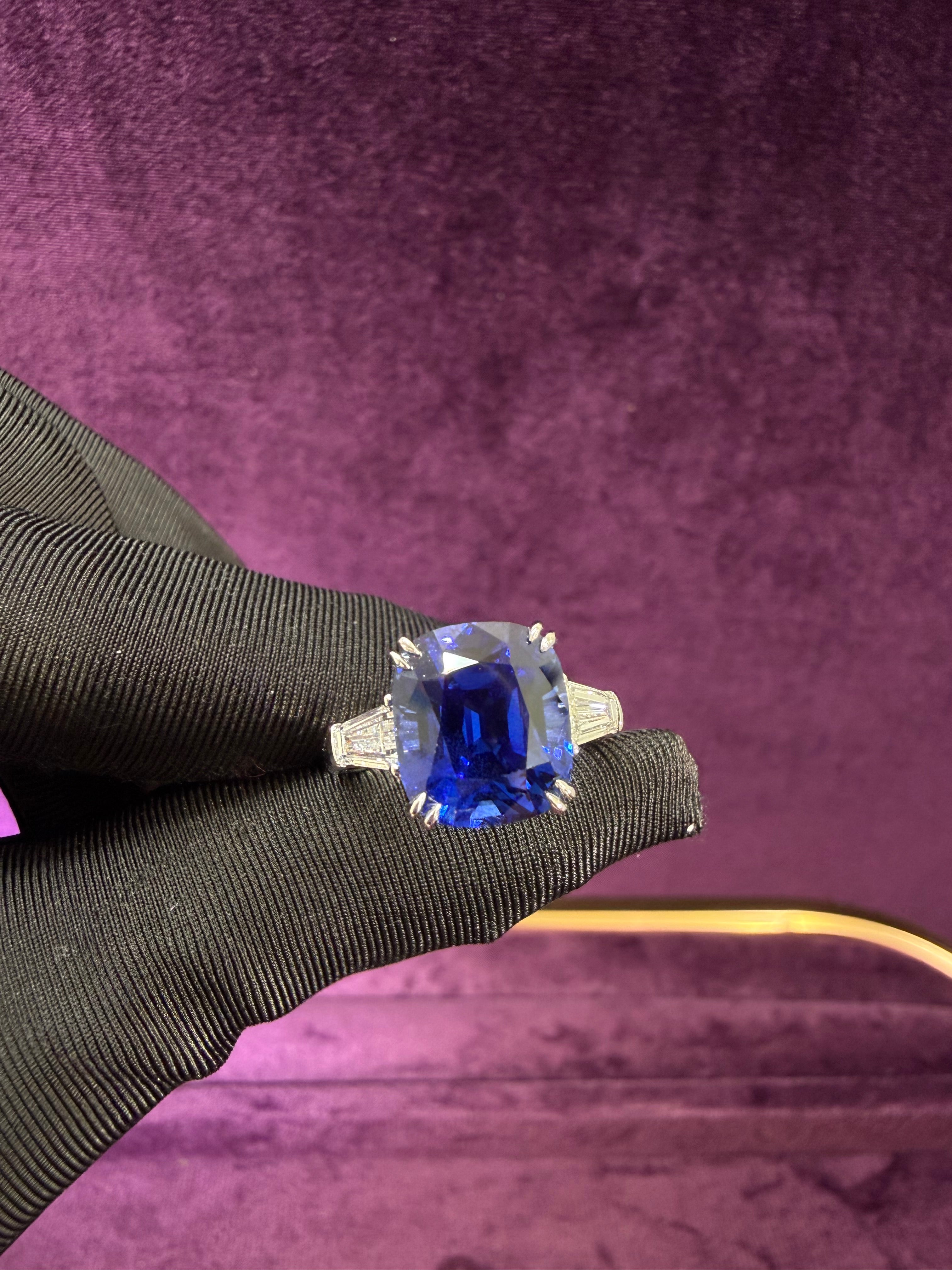 Cushion Sapphire Royal Blue Ring(with Tapered Baguette)