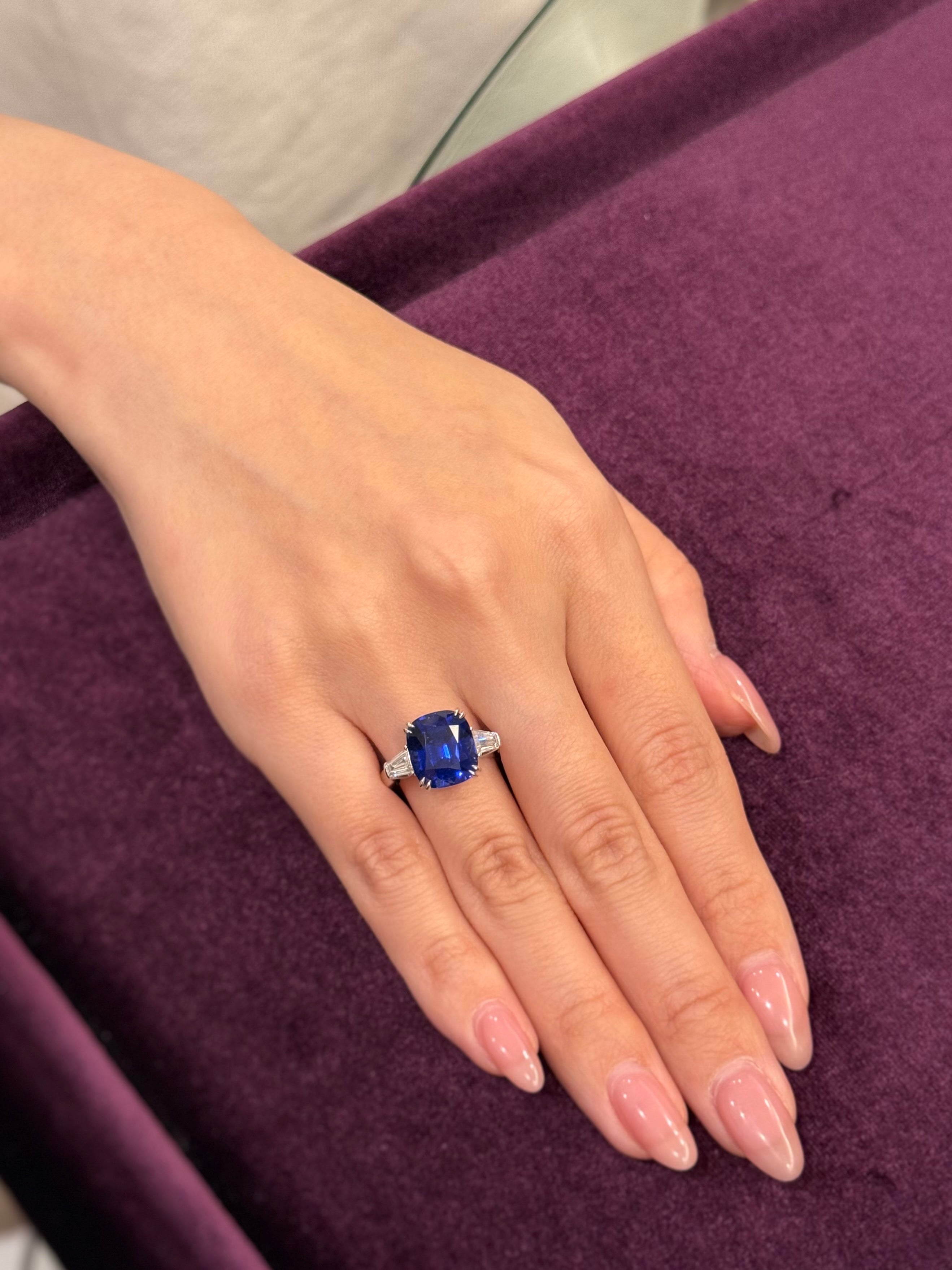 Cushion Sapphire Royal Blue Ring(with Tapered Baguette)