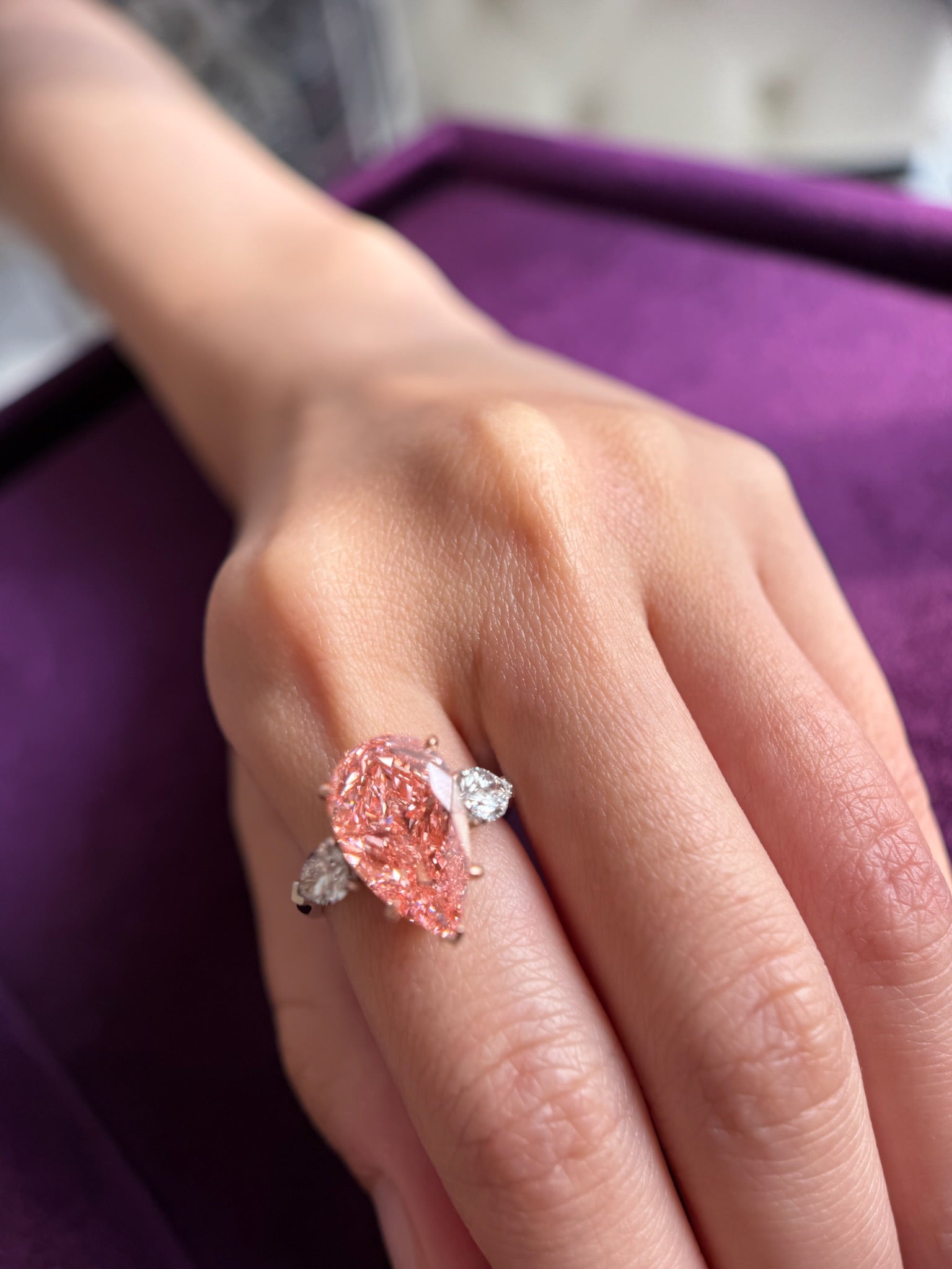 Pink Diamond Pearshape Ring(with Pear Side Stones)