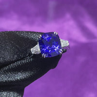 Cushion Sapphire Royal Blue Ring(with Tapered Baguette)